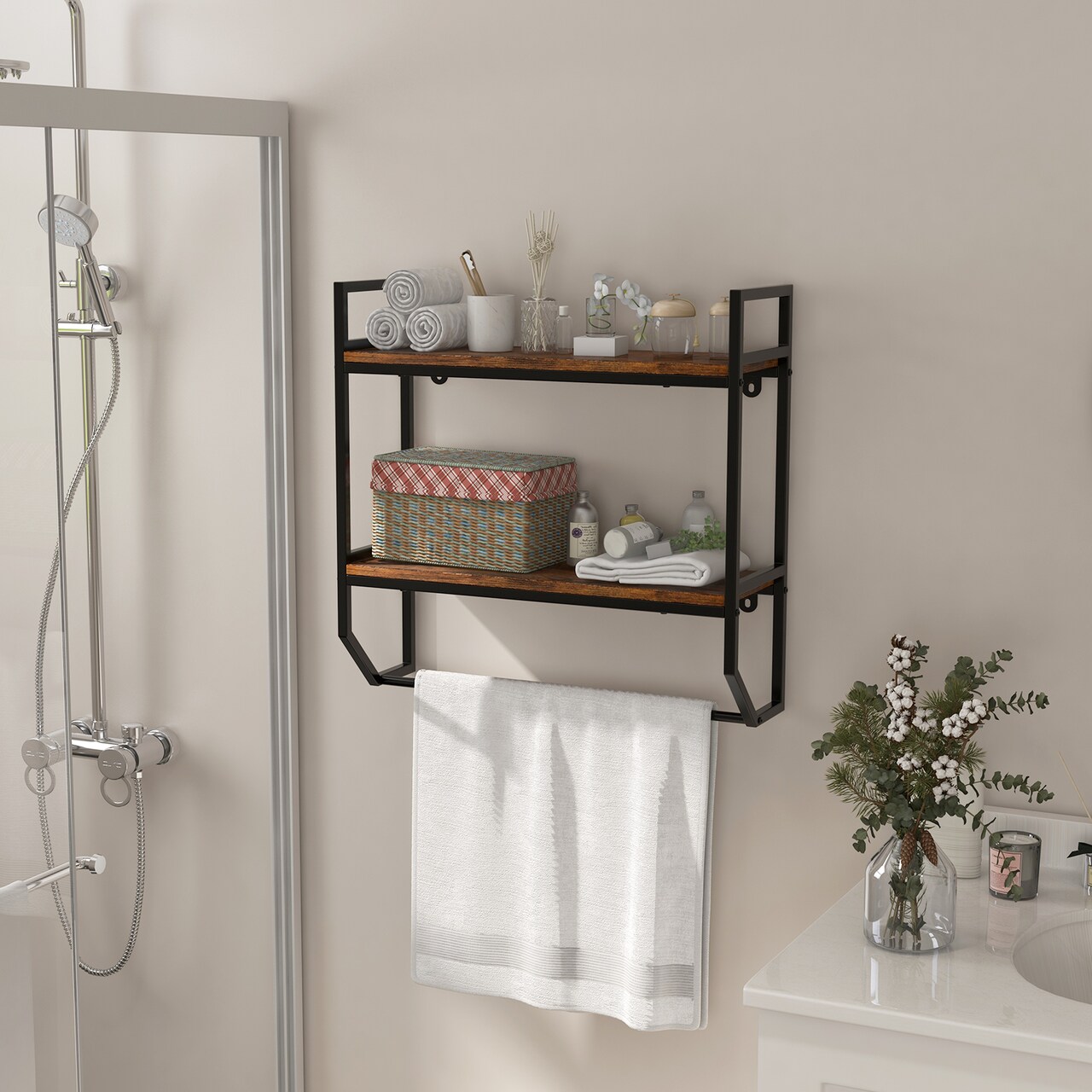 Over The Toilet Shelf Wall Mounted With Metal Frame For Bathroom